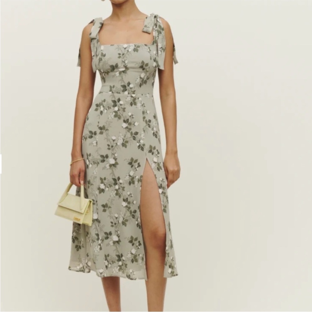 Reformation Twilight Dress Green Floral Midi Tie Straps Size 12